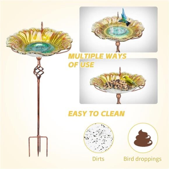 Bird Baths for Outdoors, Glass Birdbaths Outdoor Garden Birdfeeder with Metal - Picture 13 of 16